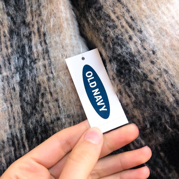 Old Navy Classic Wool Blend Black Cream Plaid V Neck Trench Coat Women's Medium - Picture 5 of 10